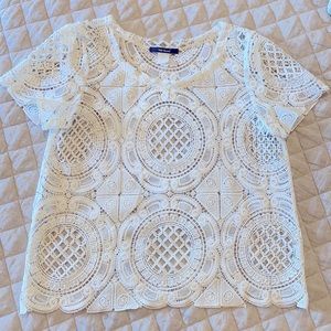 Anthropologie Blue Tassel white lace top